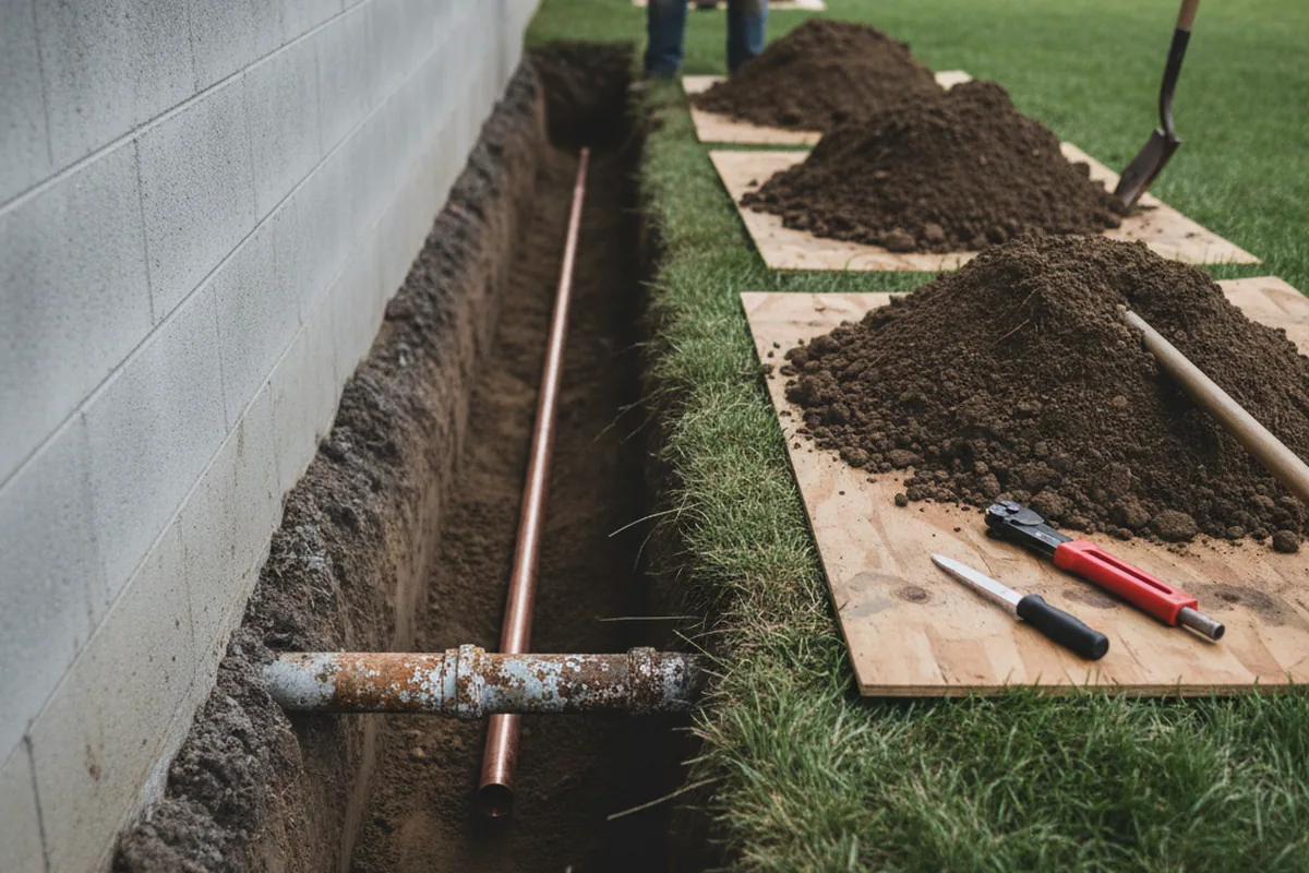 Excavated water line trench during Sewer Line Repair in Granite Falls